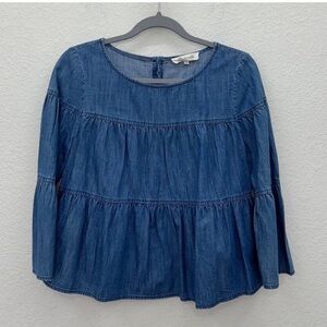 Madewell Blue Denim Tiered Button Back Long Sleeve Shirt Womens size Small